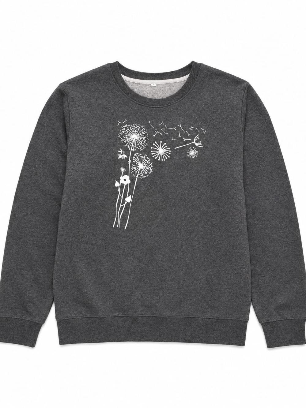 Women's Charcoal Gray Crewneck Sweater with White Dandelion Graphic